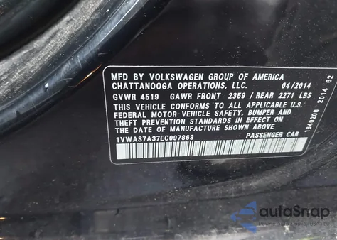 2014 Volkswagen Passat 1.8T S from USA, damaged, VIN 1VWAS7A37EC097863